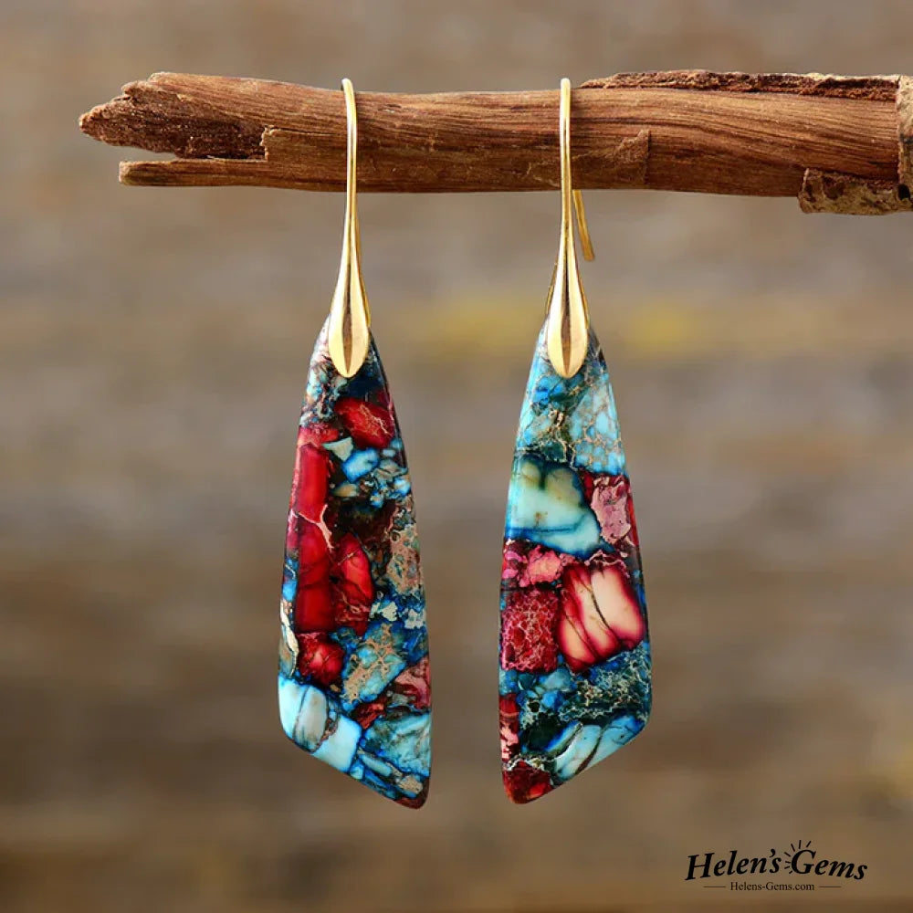 Vintage Colorful Stone Earrings Gold