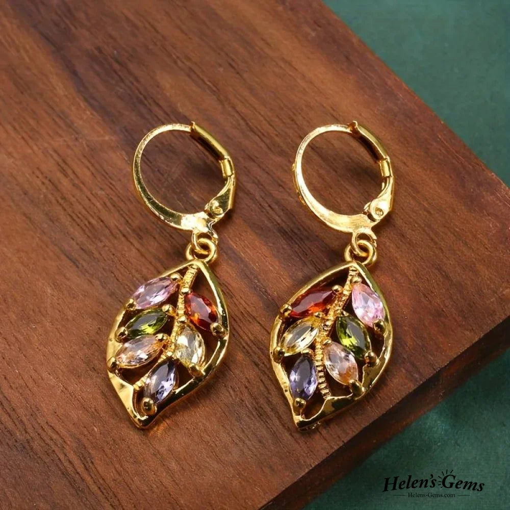 Vintage Golden Leaf Colorful Zirconia Earrings